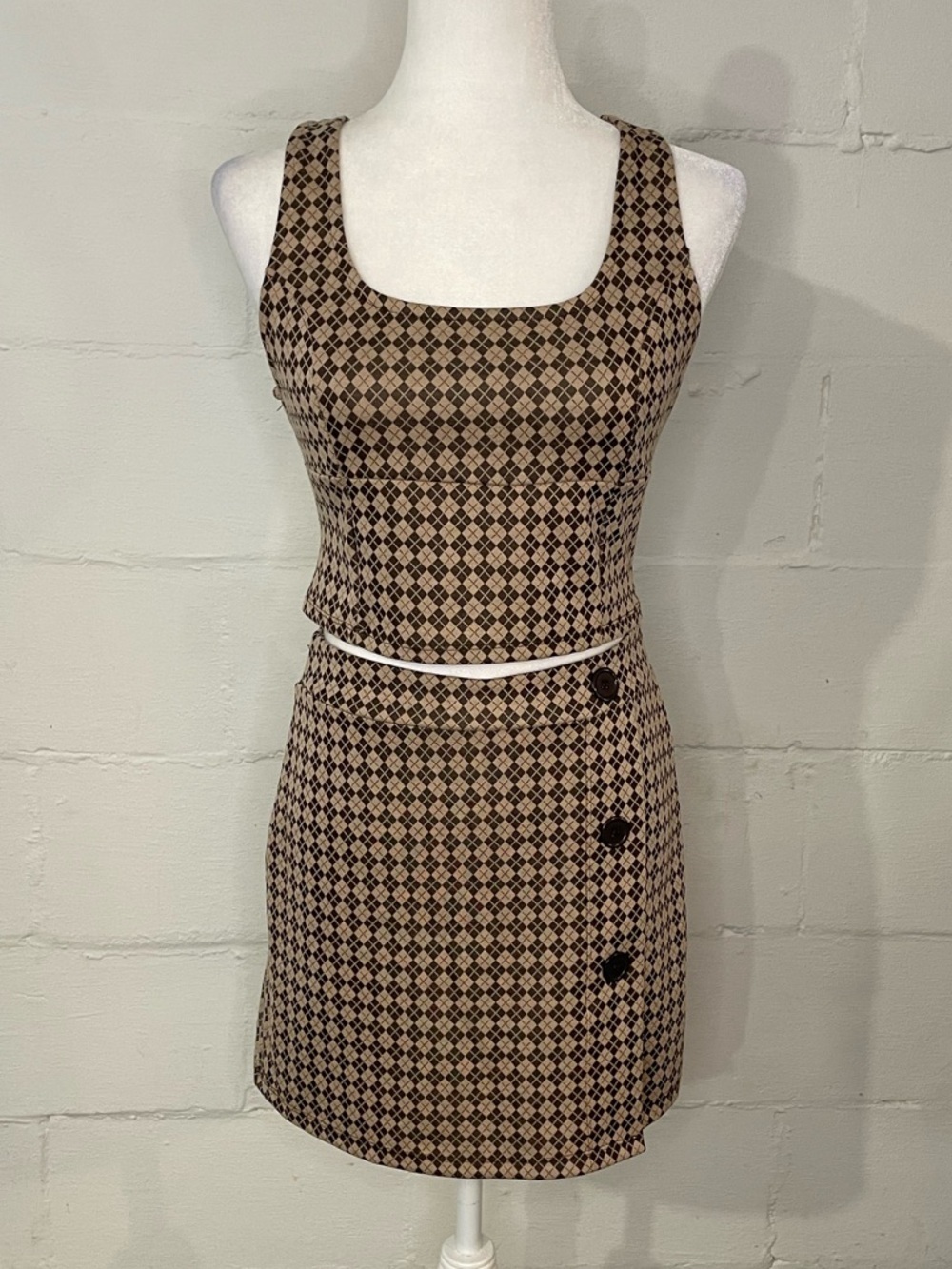 Pink Rose Brown Checker Knit Skirt Set